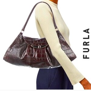 Furla Brown Crocodile-Embossed Shoulder Bag